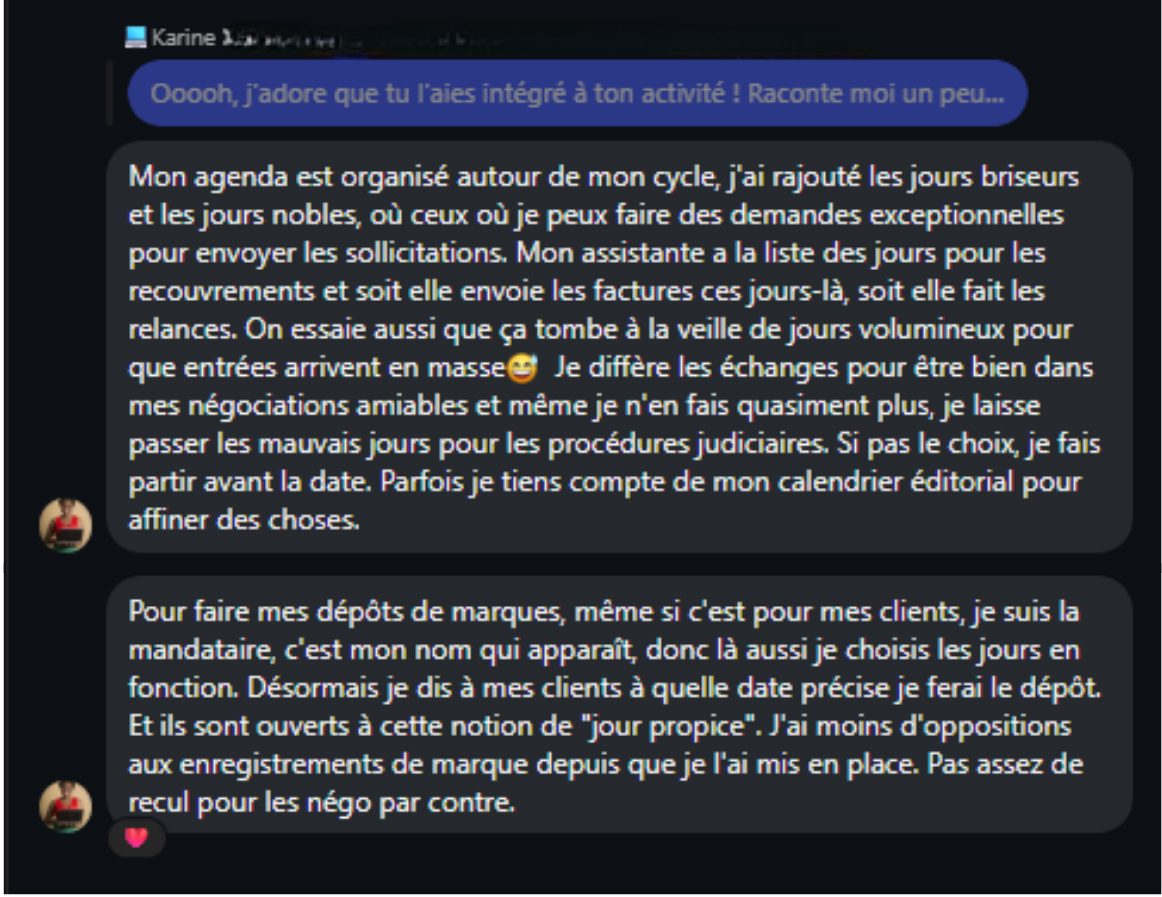 Témoignage d'une avocate expliquant comment elle utilise le Calendrier Feng Shui pour planifier ses relances, ses négociations et ses dépôts de marque.